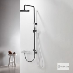 Βέργα με κεφαλή ντους από ορείχαλκο με διανομέα 83-144 cm, Φ20cm, σπιράλ 60cm Black Matt, χρώμα: Μαύρο επιφάνεια: Ματ Βέργες ντους με κεφαλή