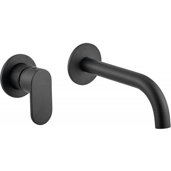 Wash basin tap Wall-mounted concealed - complete set 2 holes material: Brass With push-open waste set 18cm, color: Black surface: Matt Wall-mounted - external part Wash basin tap Wall-mounted concealed - complete set 2 holes material: Brass With push-open waste set 18cm, color: Black surface: Matt Wall-mounted - external part