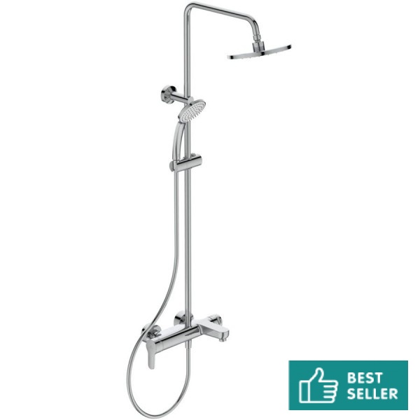 Bathtub tap with showerpipe and overhead shower Wall-mounted material: Brass mixer, color: Chrome surface: Glossy Wall-mounted exposed with showerpipe and overhead shower Bathtub tap with showerpipe and overhead shower Wall-mounted material: Brass mixer, color: Chrome surface: Glossy Wall-mounted exposed with showerpipe and overhead shower