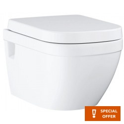 Wall-mounted toilet & toilet seat soft closing, style: Wrapover hidden fixation with rim 54x37,4 surface: Glossy, color: White Wall-mounted