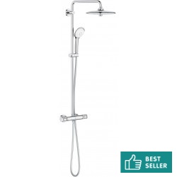 Μπαταρία ντουζιέρας με βέργα και κεφαλή ντους επίτοιχη από ορείχαλκο θερμοστατική Φ26cm, με τηλέφωνο & σπιράλ, χρώμα: Χρωμέ επιφάνεια: Γυαλιστερή Επίτοιχες με βέργα και κεφαλή ντους