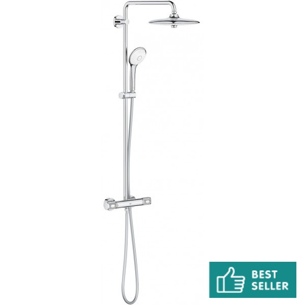 Μπαταρία ντουζιέρας με βέργα και κεφαλή ντους επίτοιχη από ορείχαλκο θερμοστατική Φ26cm, με τηλέφωνο & σπιράλ, χρώμα: Χρωμέ επιφάνεια: Γυαλιστερή Επίτοιχες με βέργα και κεφαλή ντους