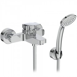 Bathtub tap Wall-mounted exposed material: Brass with hand shower, hose and holder mixer, color: Chrome surface: Glossy