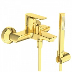 Bathtub tap Wall-mounted exposed material: Brass with hand shower, hose and holder mixer, color: Gold surface: Brushed