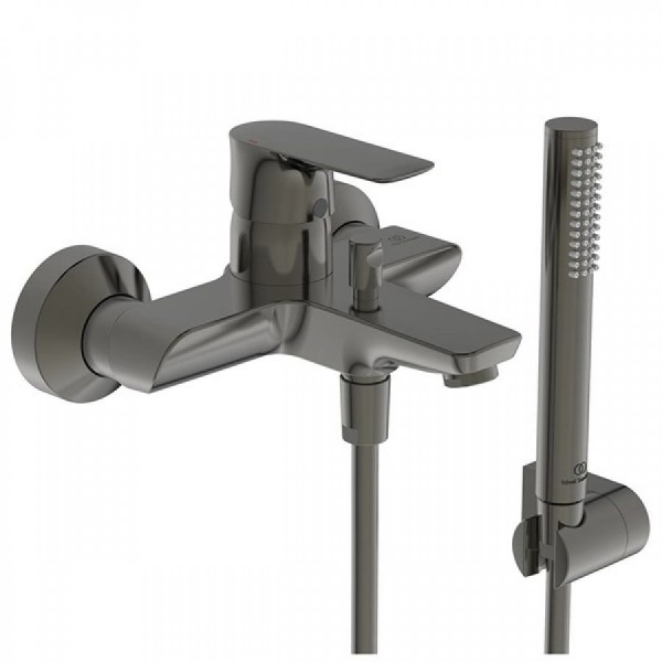 Bathtub tap Wall-mounted exposed material: Brass with hand shower, hose and holder mixer, color: Grey surface: Brushed Wall-mouned exposed