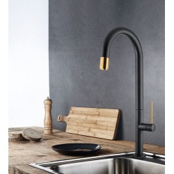 Μπαταρία κουζίνας επικαθήμενη από ορείχαλκο brushed gold, χρώμα: Μαύρο/Χρυσό επιφάνεια: Ματ Επικαθήμενες