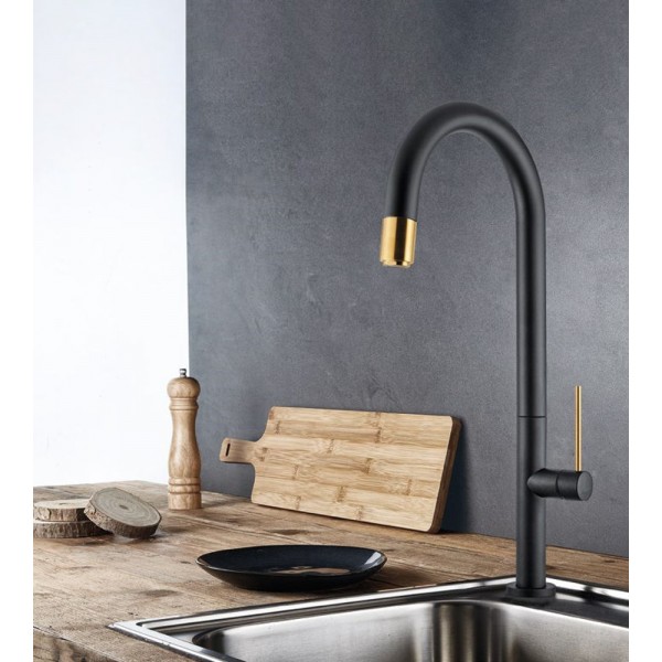 Kitchen tap Deck-mounted material: Brass brushed gold, color: Black/Gold surface: Matt Deck-mounted