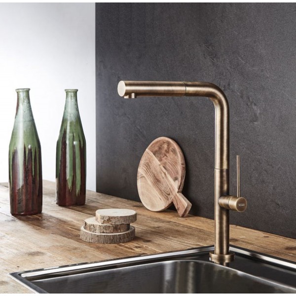 Μπαταρία κουζίνας επικαθήμενη από ορείχαλκο με ντους antique brass, χρώμα: Μπρονζέ επιφάνεια: Βουρτσισμένη Επικαθήμενες