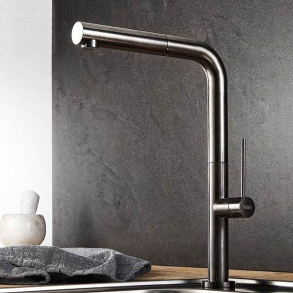 Μπαταρία κουζίνας επικαθήμενη από ορείχαλκο με ντους brushed black, χρώμα: Μαύρο επιφάνεια: Βουρτσισμένη Επικαθήμενες