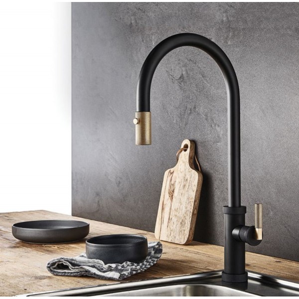 Kitchen tap Deck-mounted material: Brass with shower brushed gold, color: Black/Gold surface: Matt Deck-mounted Kitchen tap Deck-mounted material: Brass with shower brushed gold, color: Black/Gold surface: Matt Deck-mounted
