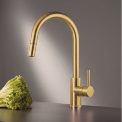 Μπαταρία κουζίνας επικαθήμενη από ορείχαλκο με ντους brushed gold PVD, χρώμα: Χρυσό επιφάνεια: Βουρτσισμένη Επικαθήμενες