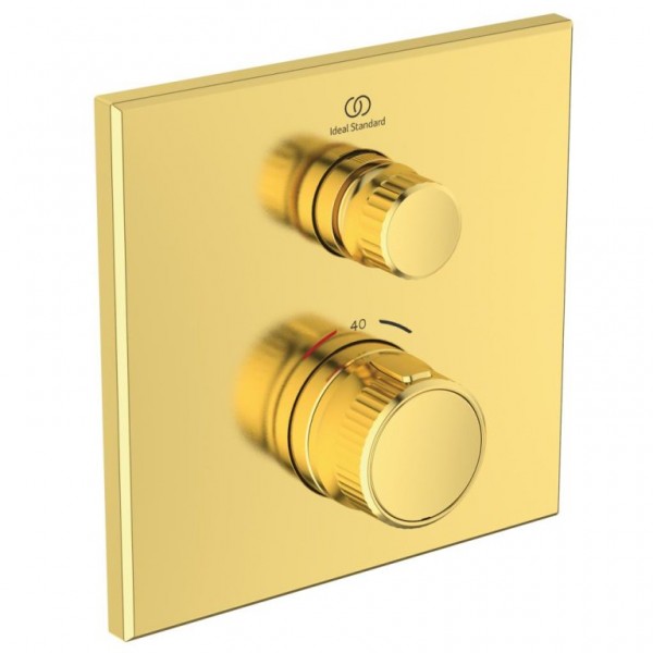 Shower tap Wall-mounted external part 1 way material: Brass thermostatic With plate without hand shower, hose and holder, color: Gold surface: Brushed Wall-mounted - external part Shower tap Wall-mounted external part 1 way material: Brass thermostatic With plate without hand shower, hose and holder, color: Gold surface: Brushed Wall-mounted - external part