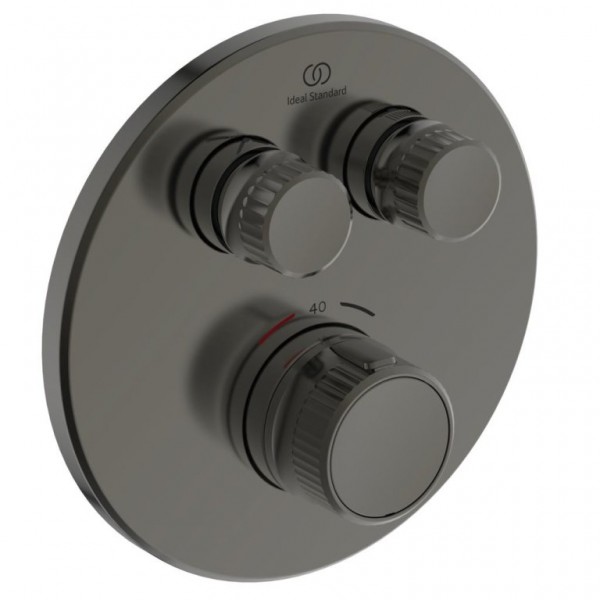 Shower tap Wall-mounted external part 2 way material: Brass thermostatic With plate with separate exits without hand shower, hose and holder, color: Grey surface: Brushed Wall-mounted - external part Shower tap Wall-mounted external part 2 way material: Brass thermostatic With plate with separate exits without hand shower, hose and holder, color: Grey surface: Brushed Wall-mounted - external part