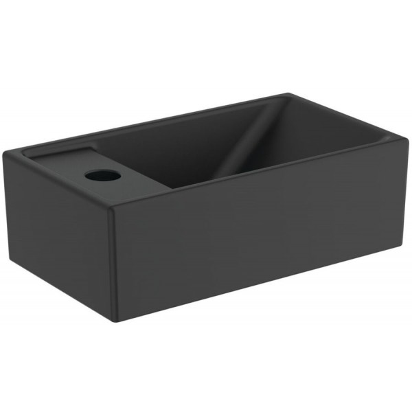 Washbasin Wall-mounted 37x21x11 silk black no pedestal With 1 bowl With hole on the left material: Porcelain, color: Black surface: Matt Wall-mounted Washbasin Wall-mounted 37x21x11 silk black no pedestal With 1 bowl With hole on the left material: Porcelain, color: Black surface: Matt Wall-mounted