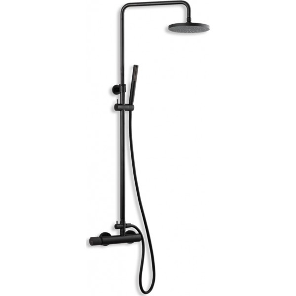 Shower tap with showerpipe and overhead shower Wall-mounted material: Brass mixer, color: Black surface: Matt Wall-mounted exposed with showerpipe and overhead shower