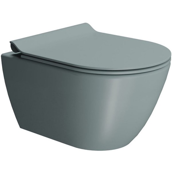 Wall-mounted toilet & toilet seat soft closing, style: Sandwich hidden fixation Slim with rim Ghiaccio 50x36 surface: Matt, color: Grey Wall-mounted toilet & toilet seat soft closing, style: Sandwich hidden fixation Slim with rim Ghiaccio 50x36 surface: Matt, color: Grey