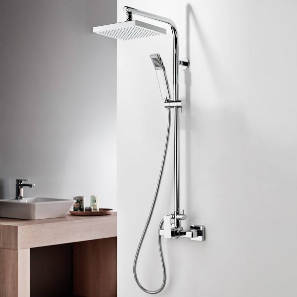 Shower tap with showerpipe and overhead shower Wall-mounted material: Brass mixer, color: Chrome surface: Glossy Wall-mounted exposed with showerpipe and overhead shower