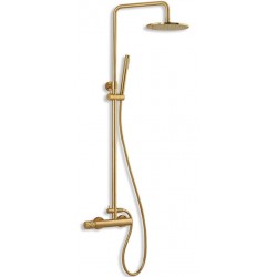 Μπαταρία ντουζιέρας με βέργα και κεφαλή ντους επίτοιχη αναμεικτική από ορείχαλκο Φ22,5cm, brushed gold, χρώμα: Χρυσό επιφάνεια: Βουρτσισμένη