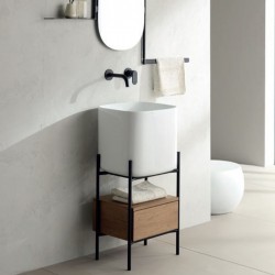 Βάση επίπλου με νιπτήρα 44x43x90 από μέταλλο επιδαπέδιου τύπου με 1 νιπτήρα με συρτάρι ξύλο rovere nodato, χρώμα: Μαύρο Βάσεις επίπλου με νιπτήρα