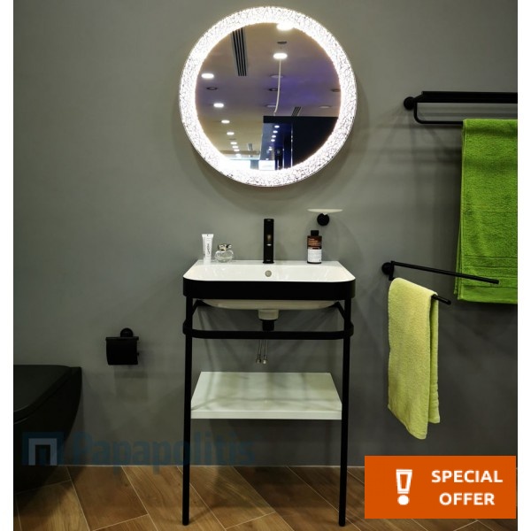 Έπιπλο μπάνιου κομπλέ με νιπτήρα, 60x48,5x65,8 από μέταλλο επιδαπέδιου τύπου & καθρέφτη Φ70, χρώμα: Μαύρο Έπιπλα μπάνιου κομπλέ