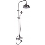 Bathtub tap with showerpipe and overhead shower Wall-mounted dual-level mixer material: Brass, color: Chrome surface: Glossy Wall-mounted exposed with showerpipe and overhead shower Bathtub tap with showerpipe and overhead shower Wall-mounted dual-level mixer material: Brass, color: Chrome surface: Glossy Wall-mounted exposed with showerpipe and overhead shower