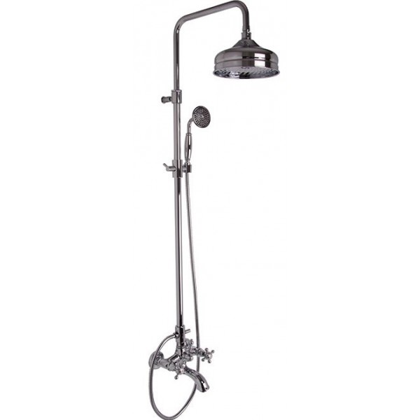 Bathtub tap with showerpipe and overhead shower Wall-mounted dual-level mixer material: Brass, color: Chrome surface: Glossy Wall-mounted exposed with showerpipe and overhead shower Bathtub tap with showerpipe and overhead shower Wall-mounted dual-level mixer material: Brass, color: Chrome surface: Glossy Wall-mounted exposed with showerpipe and overhead shower