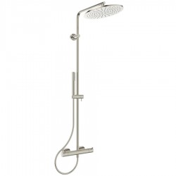 Shower tap with showerpipe and overhead shower Wall-mounted material: Brass thermostatic silver storm PVD, color: Chrome surface: Brushed Wall-mounted exposed with showerpipe and overhead shower