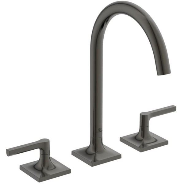 Wash basin tap Deck-mounted dual-level L size material: Brass Without waste, color: Grey surface: Satin Deck-mounted