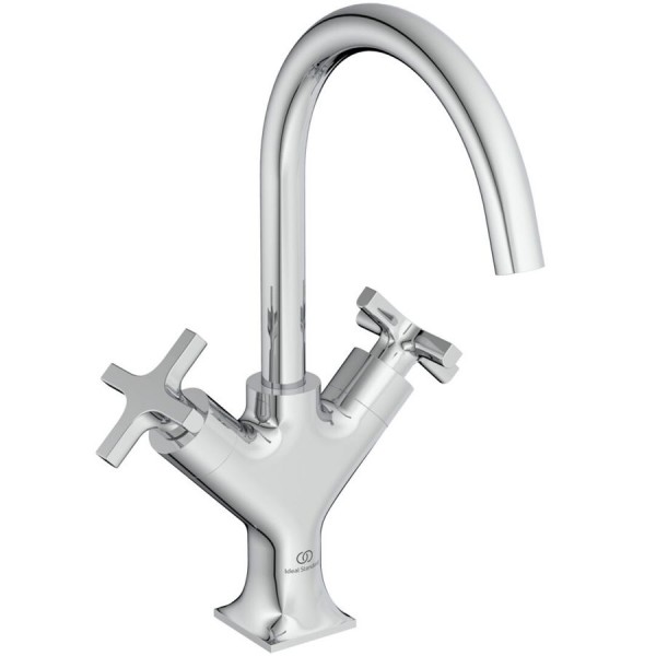 Wash basin tap Deck-mounted dual-level L size material: Brass Without waste, color: Chrome surface: Glossy Deck-mounted Wash basin tap Deck-mounted dual-level L size material: Brass Without waste, color: Chrome surface: Glossy Deck-mounted
