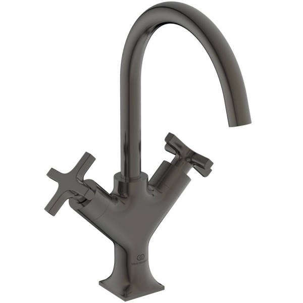 Wash basin tap Deck-mounted dual-level L size material: Brass Without waste, color: Grey surface: Brushed Deck-mounted