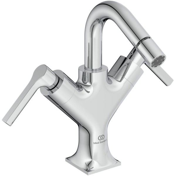 Wash basin tap Deck-mounted dual-level L size material: Brass With pop-up waste set, color: Chrome surface: Glossy Deck-mounted Wash basin tap Deck-mounted dual-level L size material: Brass With pop-up waste set, color: Chrome surface: Glossy Deck-mounted