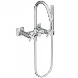 Μπαταρία μπανιέρας επίτοιχη από ορείχαλκο με τηλέφωνο, σπιράλ, στήριγμα λαβή cross 2 λαβών, χρώμα: Χρωμέ επιφάνεια: Γυαλιστερή Επίτοιχες