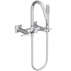 Bathtub tap Wall-mounted exposed material: Brass with hand shower, hose and holder dual-level mixer, color: Chrome surface: Glossy Wall-mouned exposed