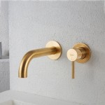 Wash basin tap Wall-mounted concealed - complete set 2 holes material: Brass With push-open waste set 18,5cm, color: Gold surface: Brushed Wall-mounted - external part