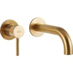 Wash basin tap Wall-mounted concealed - complete set 2 holes material: Brass With push-open waste set 18,5cm, color: Gold surface: Brushed Wall-mounted - external part