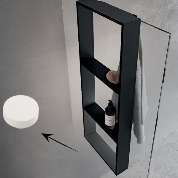 Σπογγοθήκη από solid surface κρεμαστή τριπλή  35x8,5x90, καμπίνας με 3 ράφια & άγκιστρο εξωτερικά, χρώμα: Μαύρο επιφάνεια: Ματ