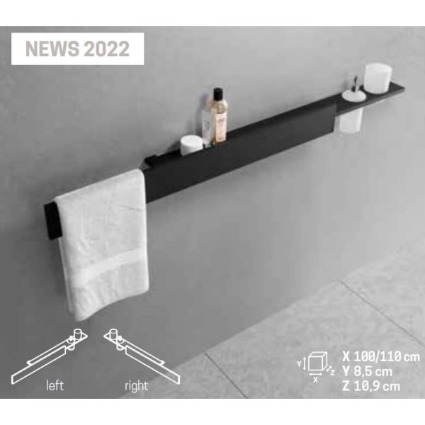 Ράφι με πετσετοθήκη 110x10,9 από solid surface με dispenser & ποτηροθήκη, χρώμα: Μαύρο επιφάνεια: Ματ Ράφια με πετσετοθήκη 