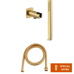 Shower head W/ hose, holder and outlet elbow 1 jet brushed gold, color: Gold surface: Brushed