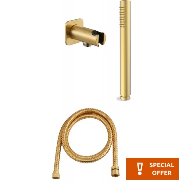 Shower head W/ hose, holder and outlet elbow 1 jet brushed gold, color: Gold surface: Brushed Hand showers
