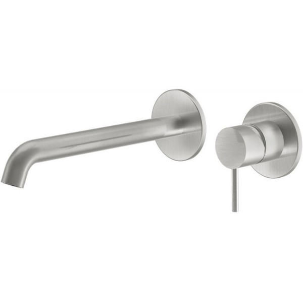Wash basin tap Wall-mounted concealed - complete set 2 holes material: Inox With push-open waste set 18cm, brushed inox, color: Chrome surface: Brushed Wall-mounted - external part Wash basin tap Wall-mounted concealed - complete set 2 holes material: Inox With push-open waste set 18cm, brushed inox, color: Chrome surface: Brushed Wall-mounted - external part