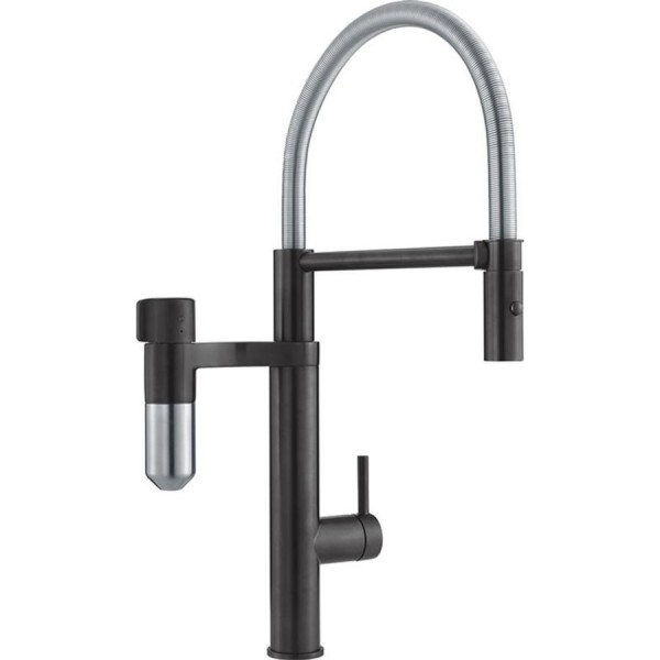 Kitchen tap Deck-mounted material: Brass with water filter Industrial Black / Steel Optics, color: Black/Silvered surface: Brushed Deck-mounted