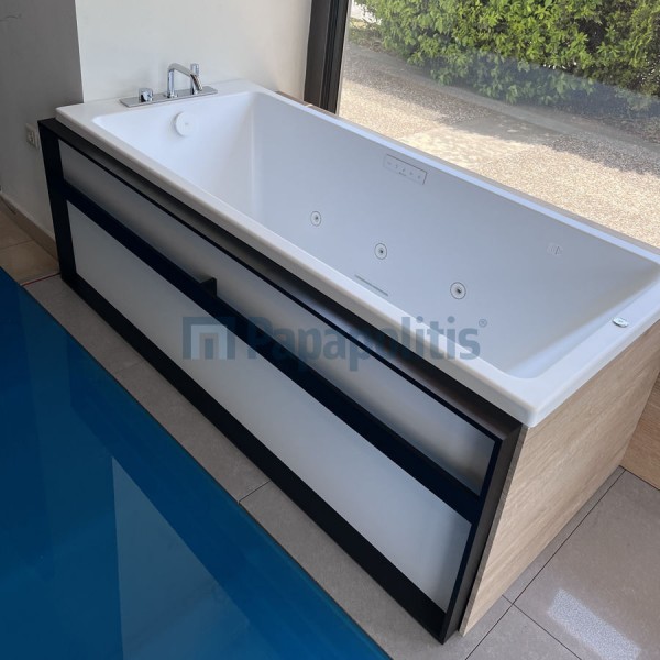 Μπανιέρα υδρομασάζ ορθογώνια 170x75 από ενισχυμένο ακρυλικό επιφάνεια: Ματ με 2 πάνελ δρυς, ποδιά & μπαταρία, χρώμα: Λευκό Ορθογώνιες