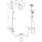 Shower tap with showerpipe and overhead shower Wall-mounted material: Brass thermostatic 121,3cm, color: Chrome surface: Glossy Wall-mounted exposed with showerpipe and overhead shower
