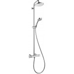Shower tap with showerpipe and overhead shower Wall-mounted material: Brass thermostatic 121,3cm, color: Chrome surface: Glossy Wall-mounted exposed with showerpipe and overhead shower