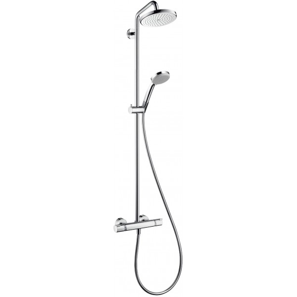 Shower tap with showerpipe and overhead shower Wall-mounted material: Brass thermostatic 121,3cm, color: Chrome surface: Glossy Wall-mounted exposed with showerpipe and overhead shower
