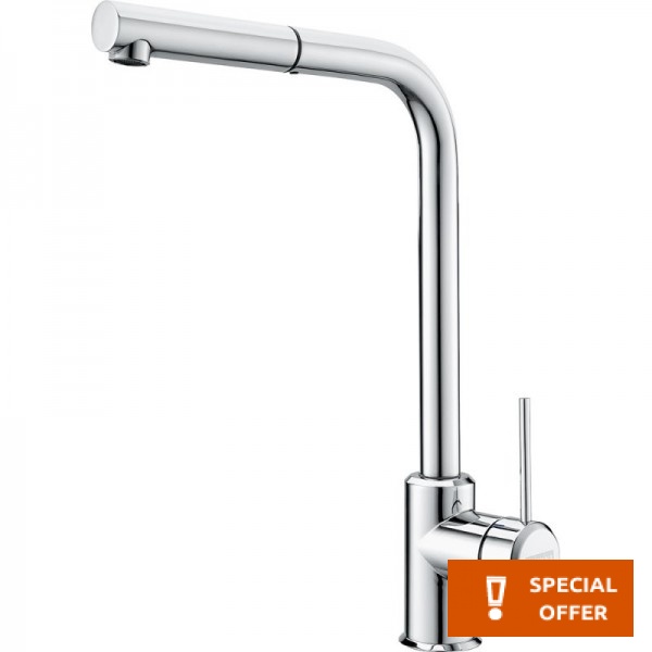 Μπαταρία κουζίνας επικαθήμενη από ορείχαλκο με ντους L-Spout, χρώμα: Χρωμέ επιφάνεια: Γυαλιστερή Επικαθήμενες