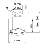 Απορροφητήρας καμινάδα κεντρική 42cm 250 W, χρώμα: Μαύρο Καμινάδες κεντρικές
