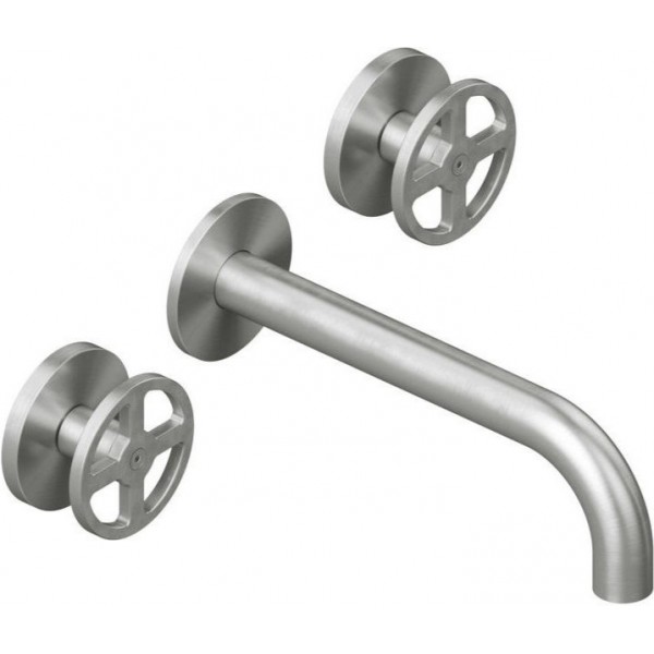 Wash basin tap Wall-mounted - external part 3 holes dual-level Without waste, color: Chrome AISI 316 material: Inox surface: Brushed Wall-mounted - external part