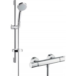 Shower tap Wall-mounted exposed material: Brass thermostatic with hand shower, hose and slider rail, color: Chrome surface: Glossy Wall-mouned exposed