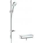 Shower tap Wall-mounted exposed material: Brass thermostatic with hand shower, hose and slider rail with shelf, color: Chrome surface: Glossy Wall-mouned exposed